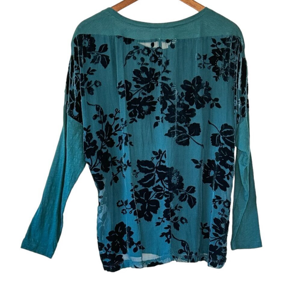 Sundance Silk Velvet Burnout Floral Top Teal Jewel Neck Dolman Sleeve  Size L